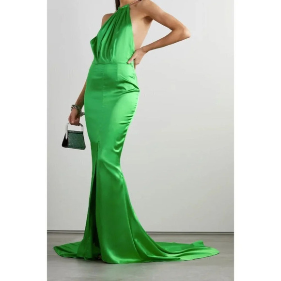 Retrofete Satin Crystal Margot Gown in Green XSmall New. Long Maxi Dress - Picture 1 of 17